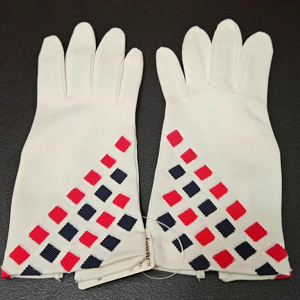 Fownes 1960s White Gloves to the Wrist w/ Diagonal Blue/Red Ribbon Squares